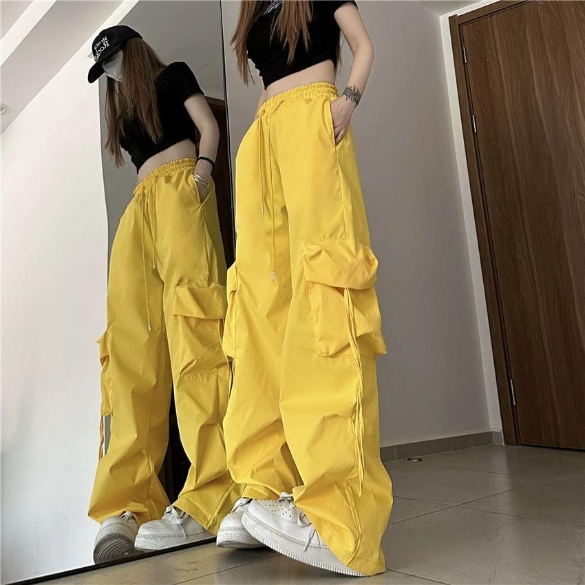 Mid Rise Plain Drawstring Cargo Baggy Pants Product Image