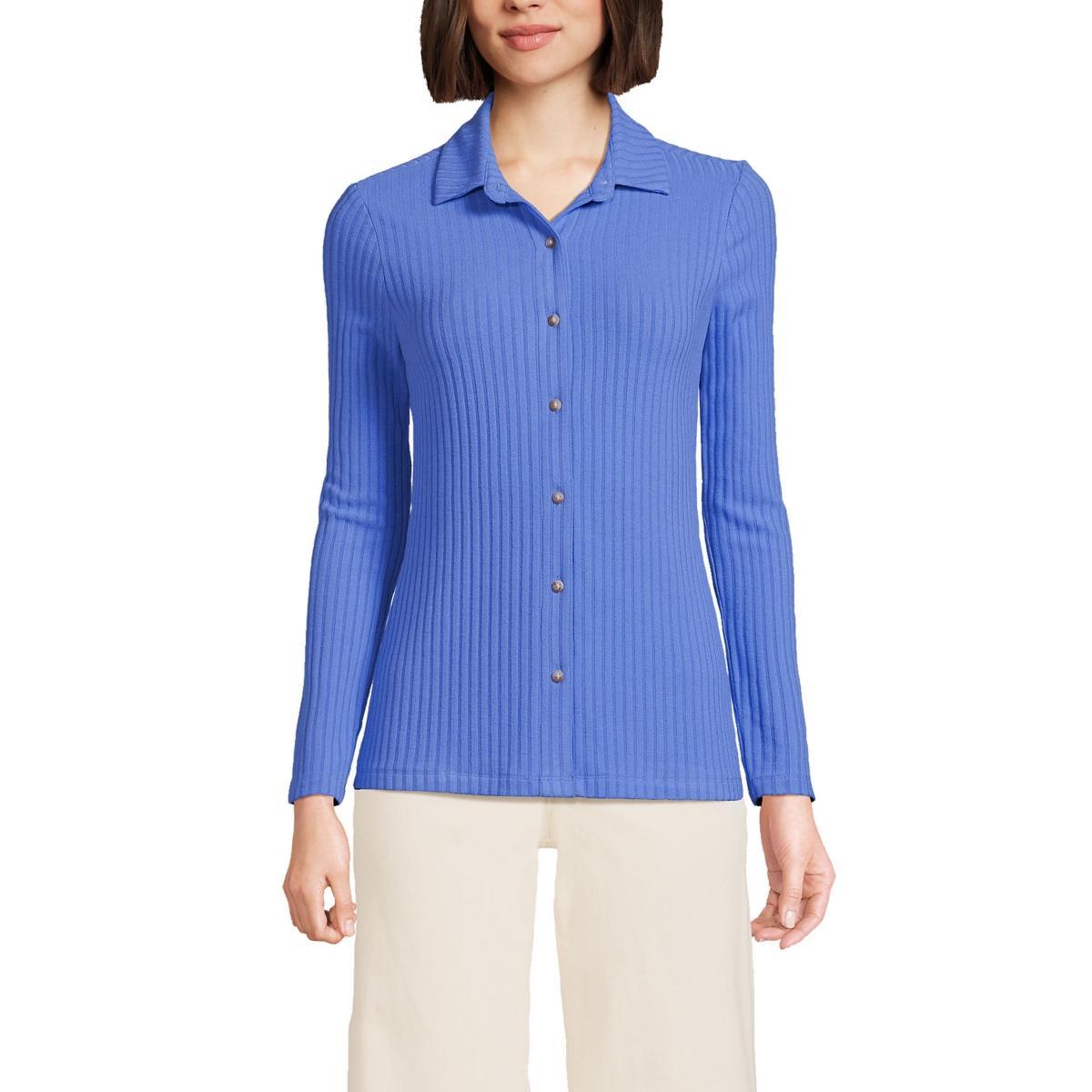 Lands End Womens Long Sleeve Wide Rib Button Front Polo Shirt Product Image