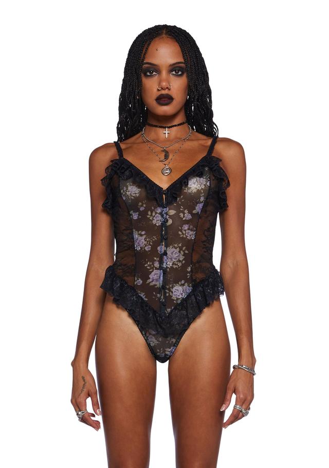 Widow Floral Mesh And Lace Bodysuit With Ruffles Lingerie - Black Product Image