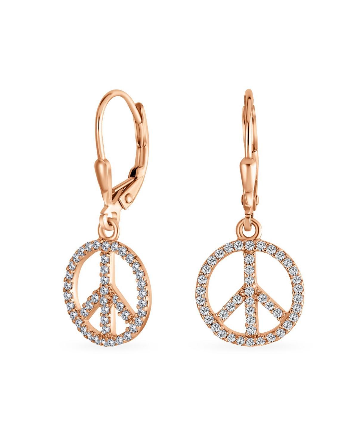 Bling Jewelry Message World Peace Sign Symbol Cubic Zirconia Pave Cz Lever back Drop Dangle Earrings For Women Rose Gold Plated .925 Sterling - Product Image