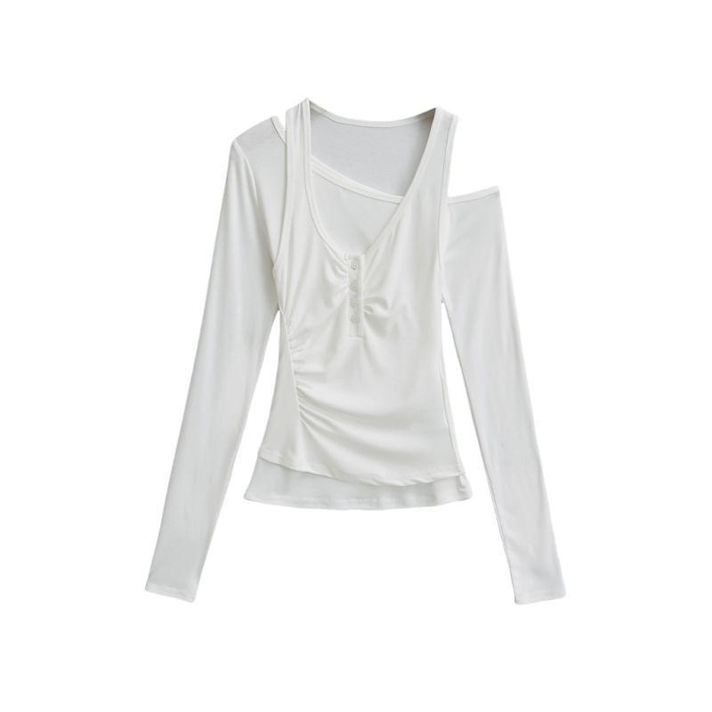 Set: Long-Sleeve Off-Shoulder Plain T-Shirt + Scoop Neck Ruched Crop Tank Top Product Image