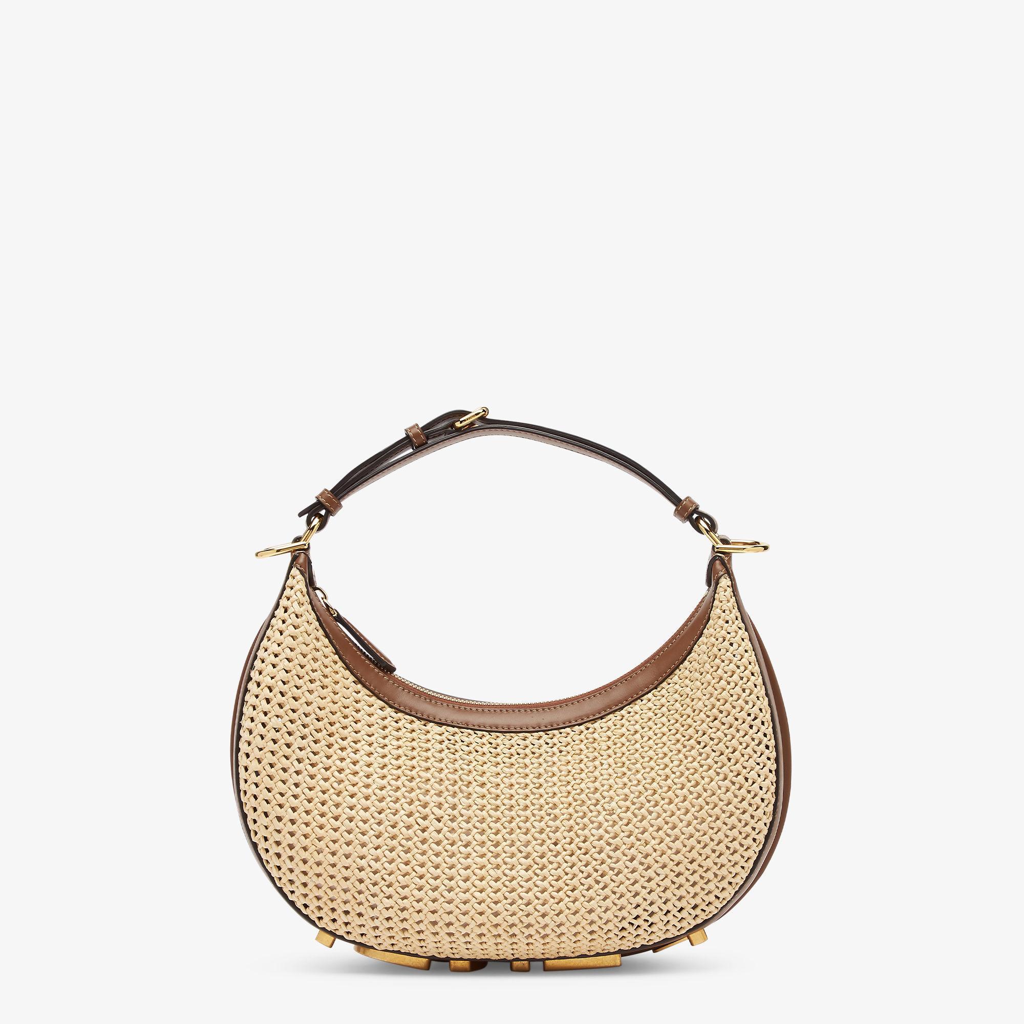 Fendigraphy SmallBrown leather and natural macramé raffia bag Product Image