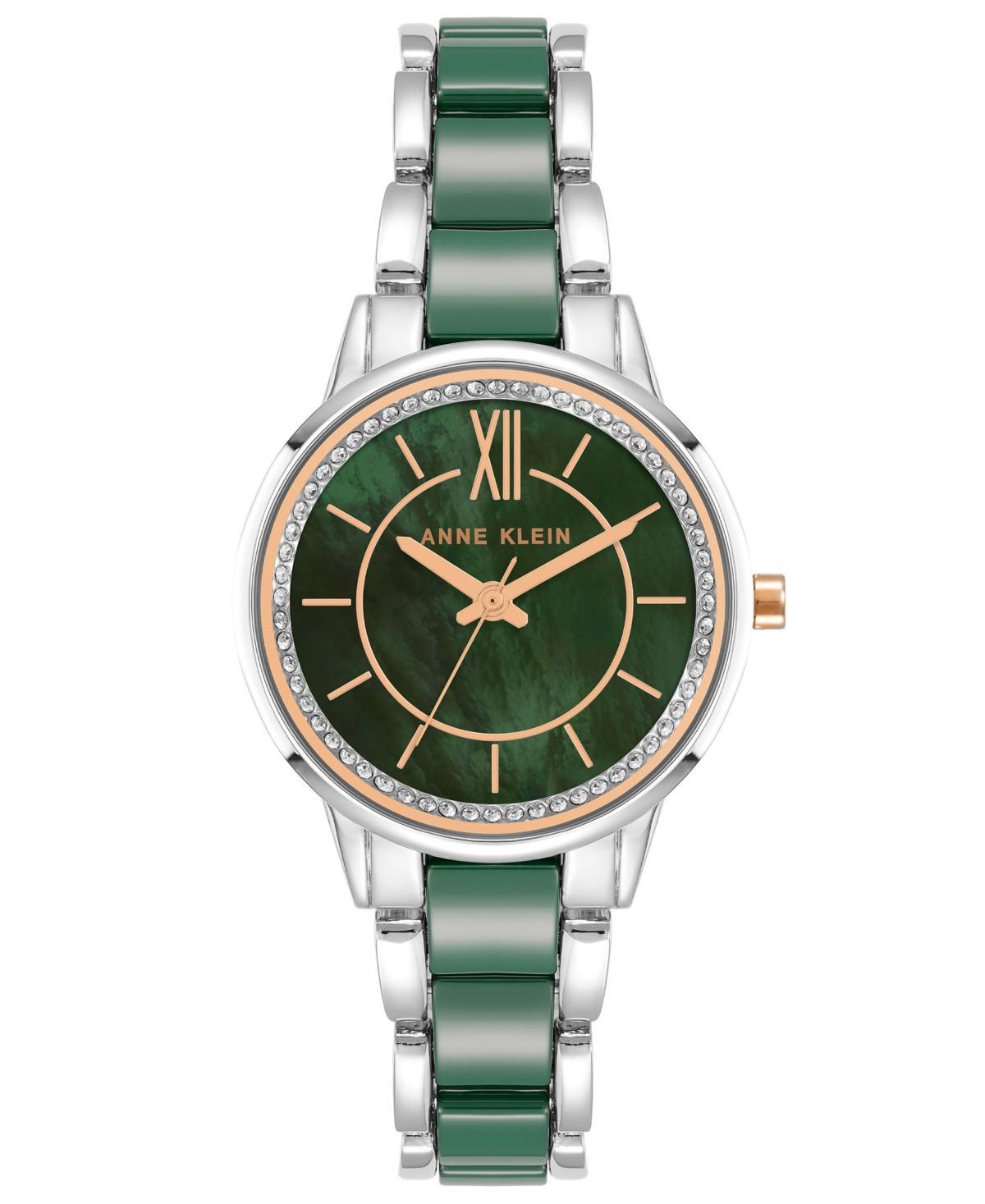 Anne Klein Womens Three-Hand Quartz Silver-Tone Alloy Ceramic Bracelet Watch, 32mm - Silver-Tone, Green Product Image