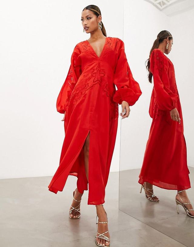 ASOS EDITION waisted plunge midi dress with cutwork in tomato red  Product Image