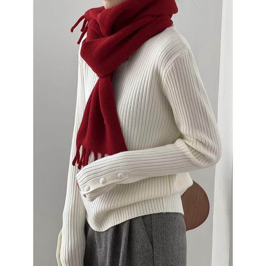 Long-Sleeve Turtleneck Ribbed Knit Top Product Image