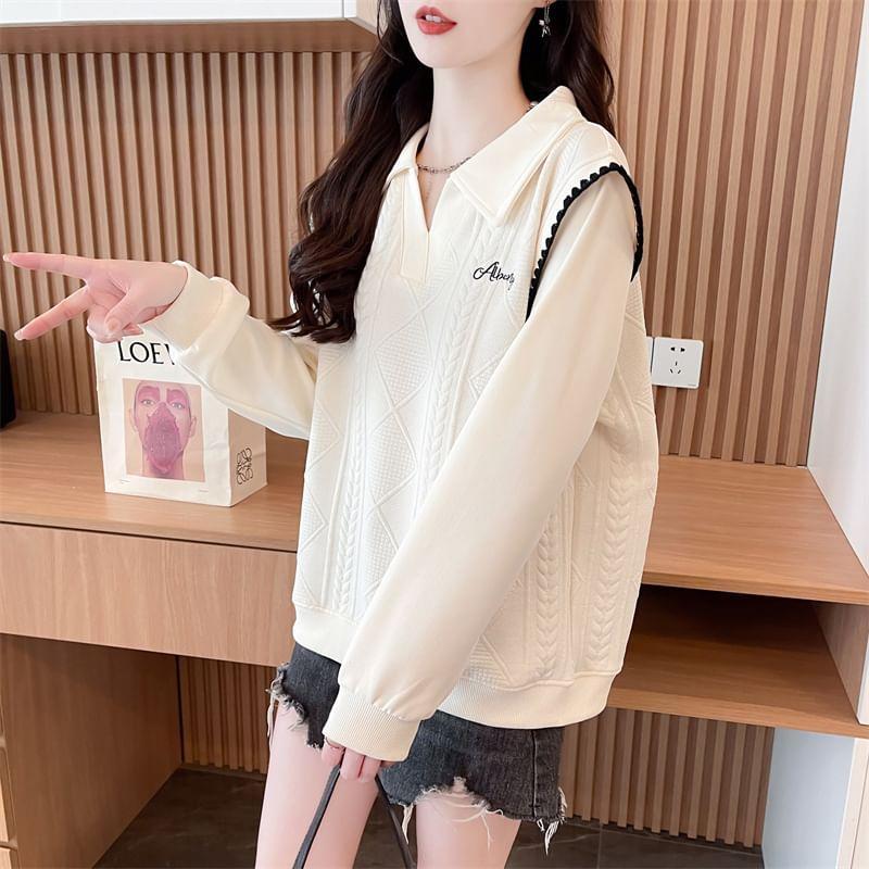 V-Neck Collared Lettering Embroidered Contrast Trim Pullover Product Image