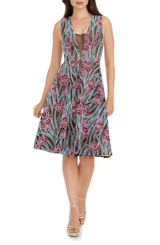 Macie Floral Embroidery Fit & Flare Dress In Fuchsia Multi Product Image