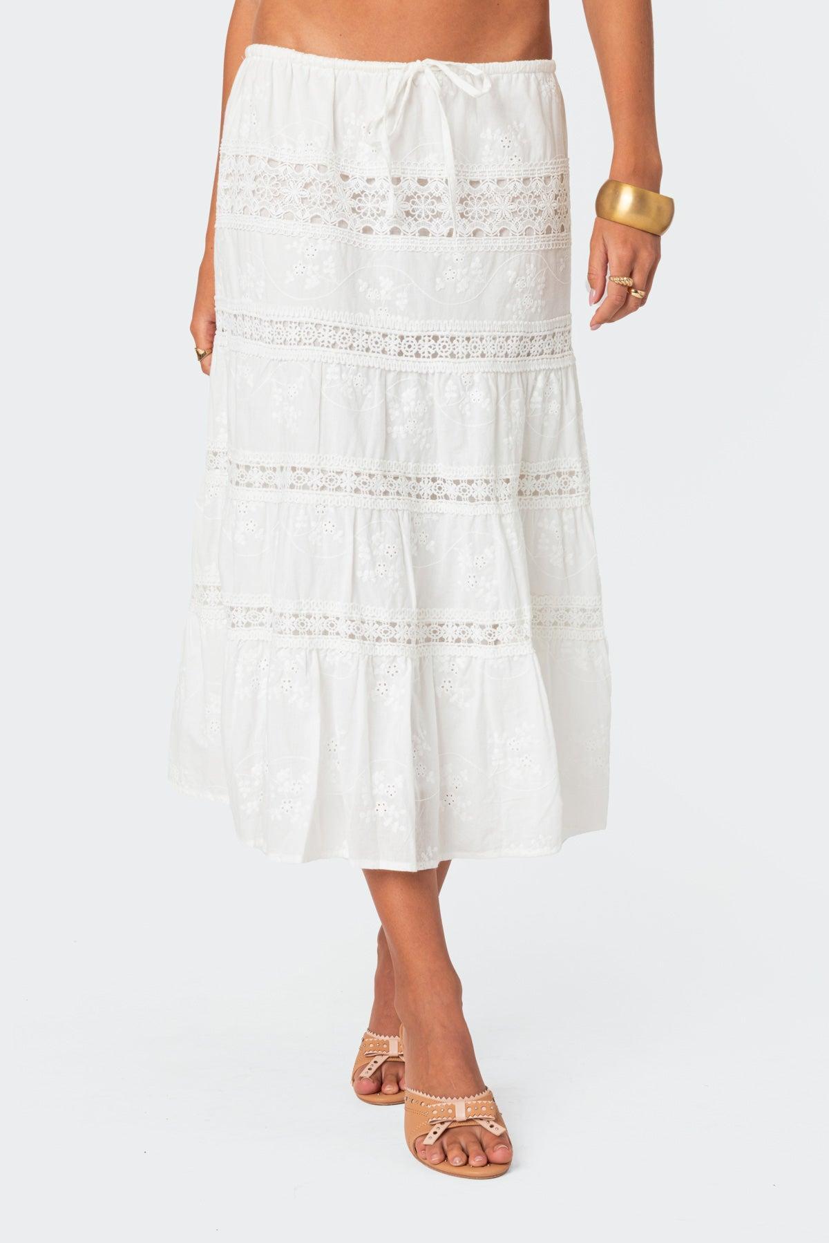 Tiered Cotton Lace Midi Skirt Product Image