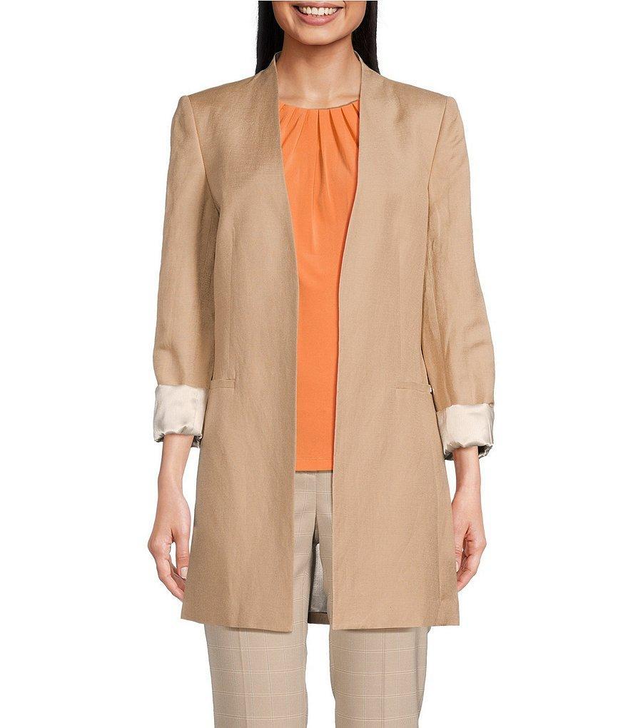 Calvin Klein Linen Blend Contrast Lining Long Satin Roll-Tab Sleeve Coordinating Open Front Jacket Product Image