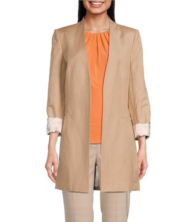 Calvin Klein Petite Size Contrast Lining Long Roll-Tab Sleeve Open Front Jacket Product Image