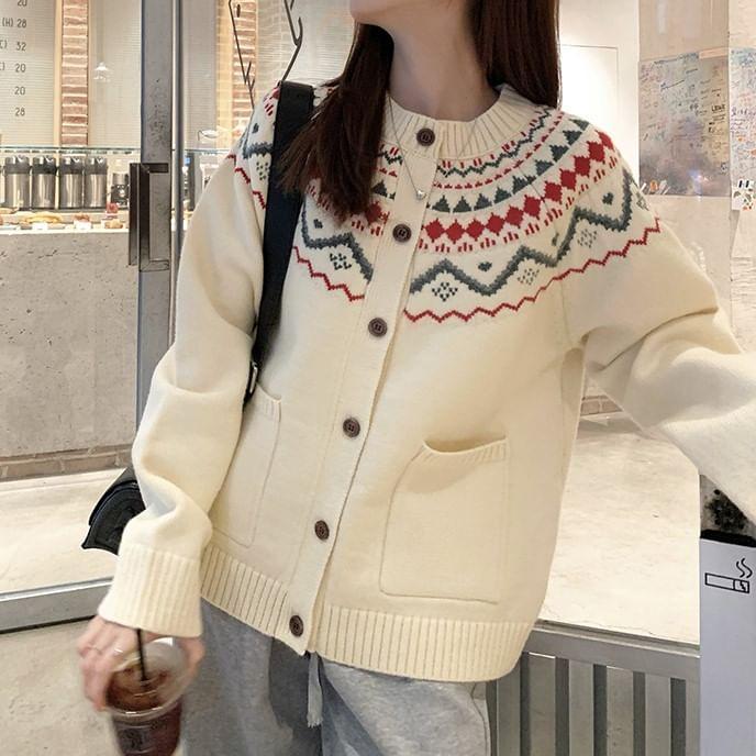 Crewneck Jacquard Button-Up Cardigan Product Image