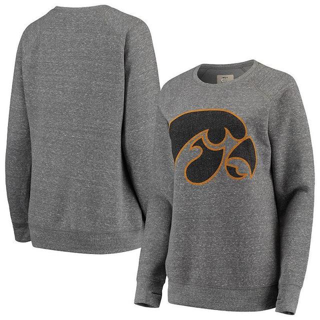 Womens Pressbox Heathered Gray Iowa Hawkeyes Big Team Logo Knobi Fleece Tri-Blend Crew Neck Sweatshirt Product Image