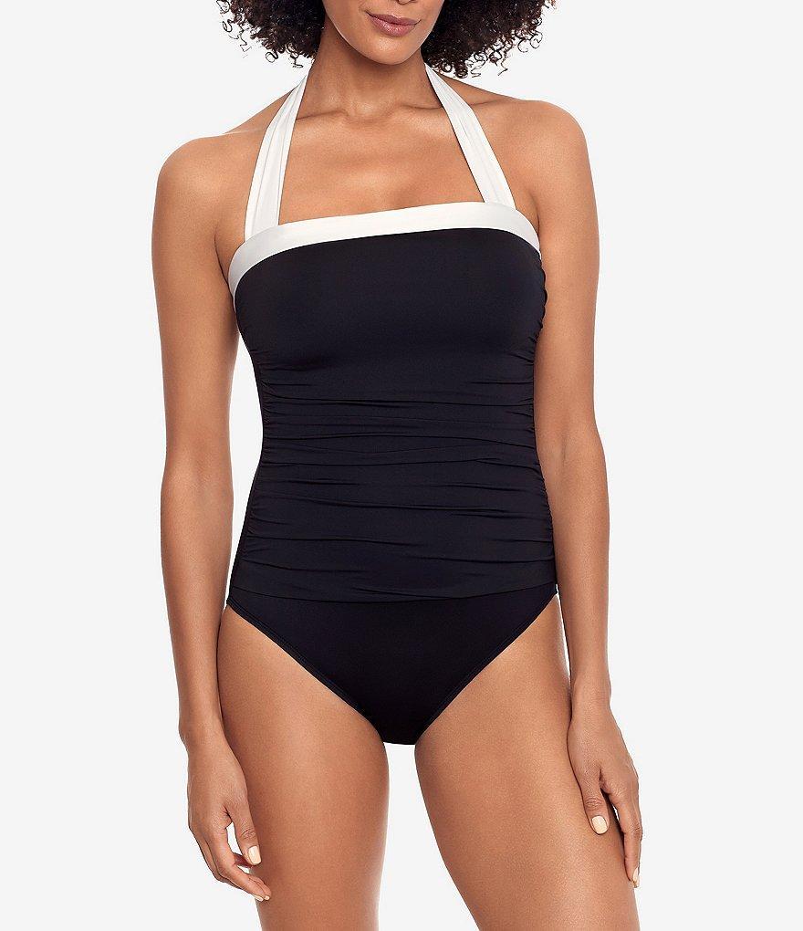 Lauren Ralph Lauren Bel Aire Shirred Contrast Trim Bandeau One Piece Swimsuit Product Image