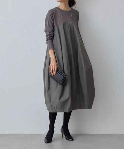 Long-Sleeve Crew Neck Plain Midi Smock Dress Product Image