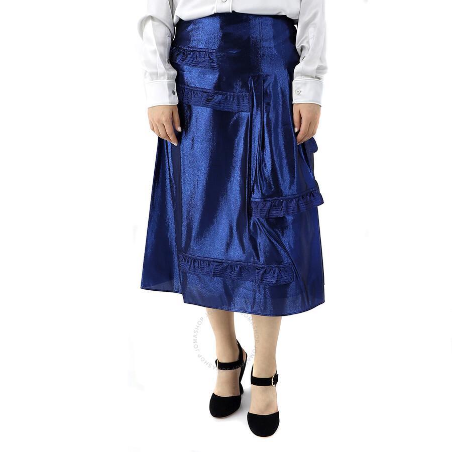 BURBERRY Bright Navy Ruffle Detail Lame Skirt Product Image