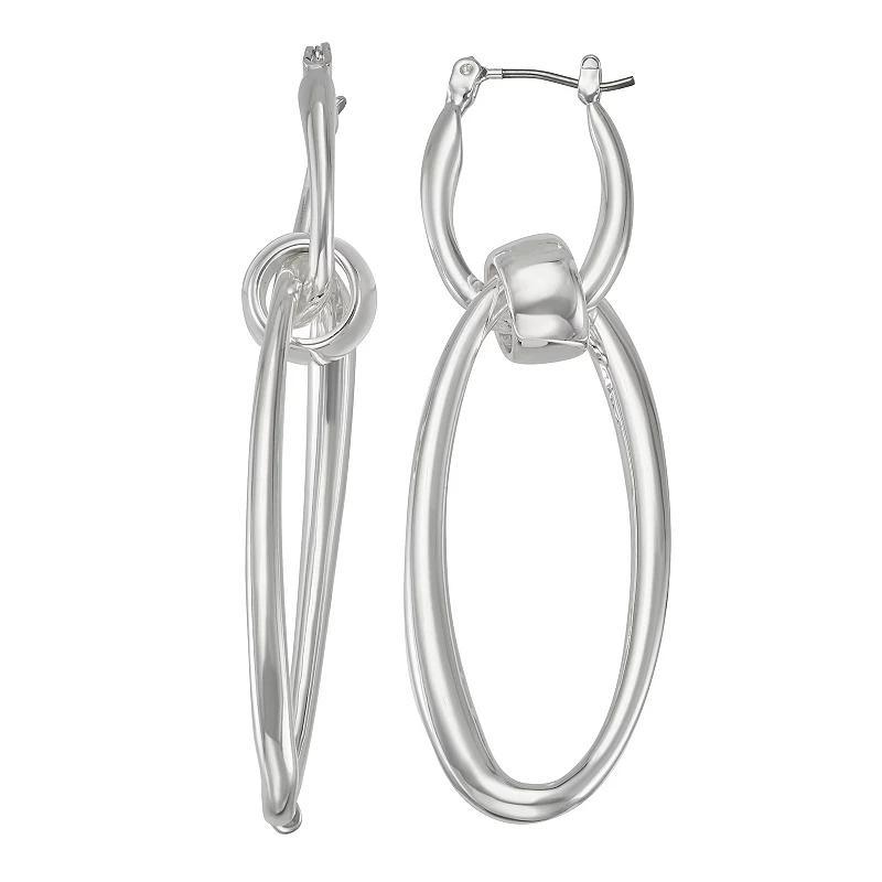 Nine West Silver Tone Interlocking Oval Hoop Drop Earrings, Womens Product Image