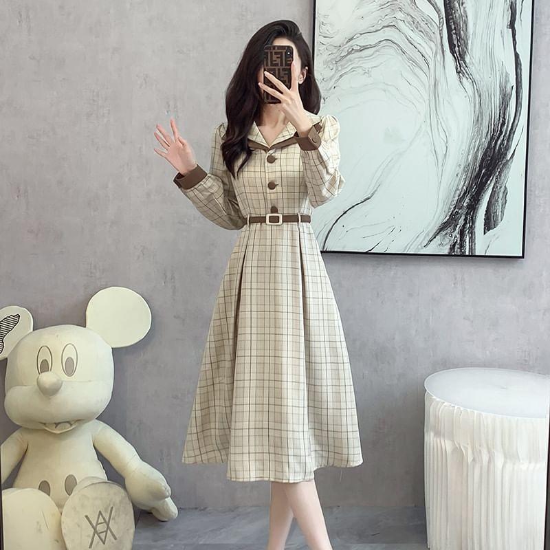 Long-Sleeve Collared Plaid Midi A-Line Dress Product Image