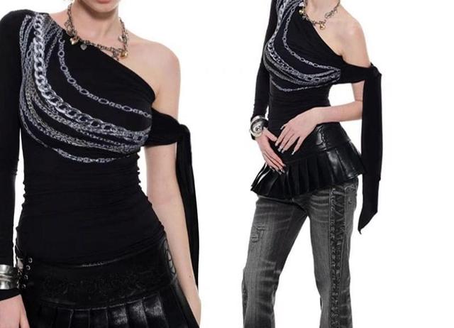 Long-Sleeve One-Shoulder Chain Print T-Shirt Product Image