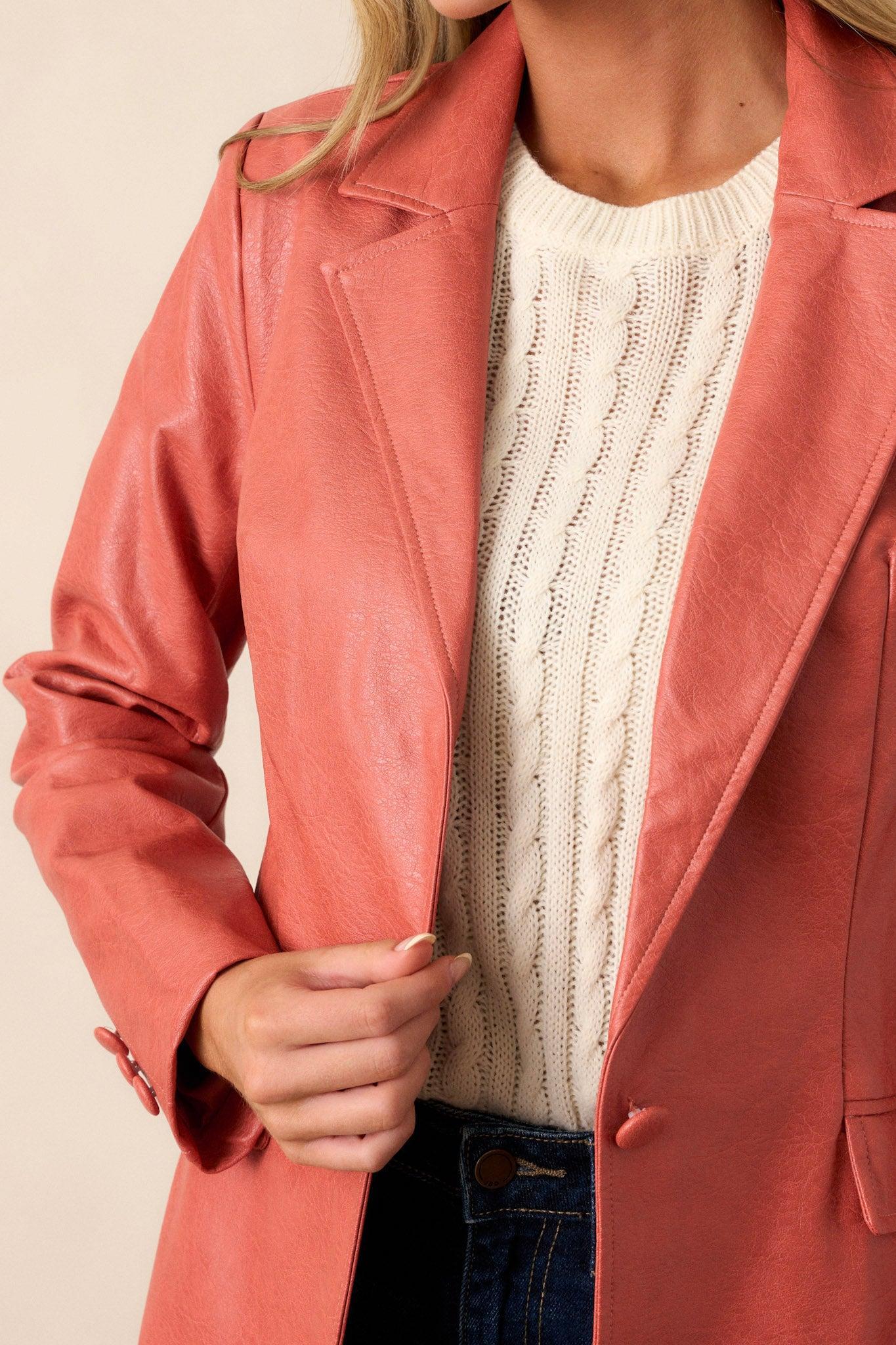 Faded Memories Red Orange Faux Leather Jacket Product Image