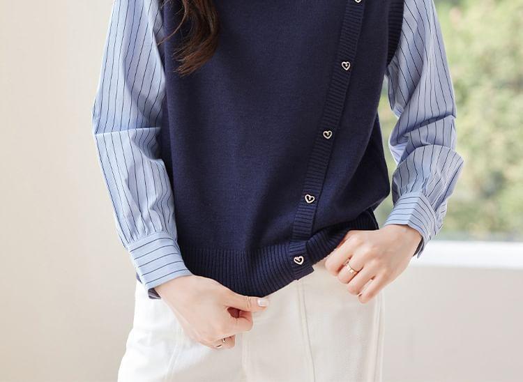 Mock Two-Piece Long-Sleeve Collar Striped Panel Asymmetrical Button Sweatshirt Product Image