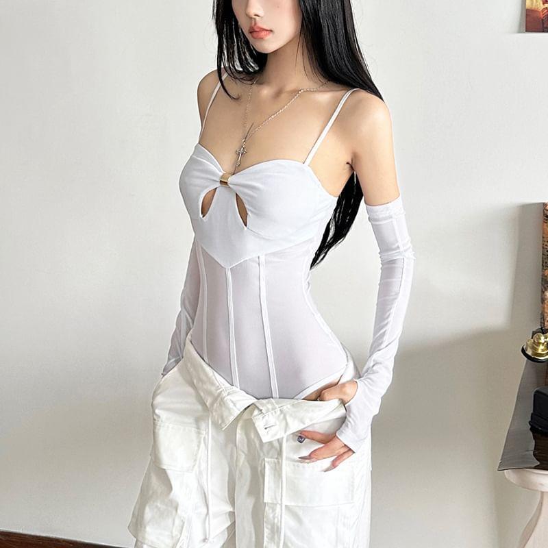 Spaghetti Strap Plain Cutout Panel Bodysuit Top Product Image