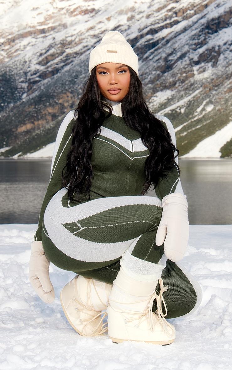 PRETTYLITTLETHING Plus Khaki High Neck Knit Ski Base Layer Jumpsuit Product Image