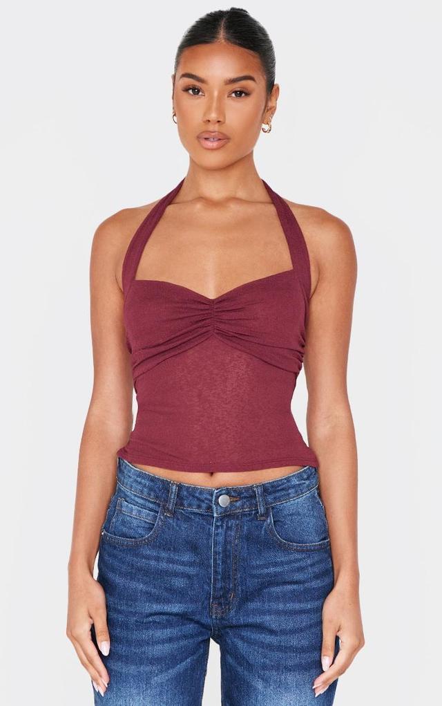 Burgundy Burnout Mesh Halterneck Top Product Image