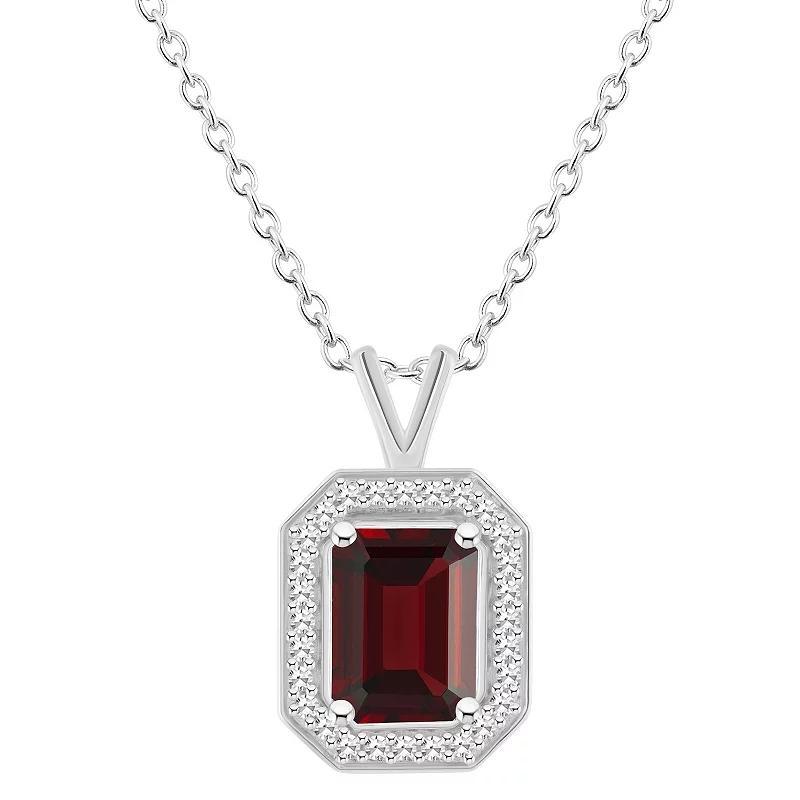 Celebration Gems Sterling Silver Emerald Cut Gemstone & 1/8 Carat T.W. Diamond Halo Pendant Necklace, Womens Red Product Image