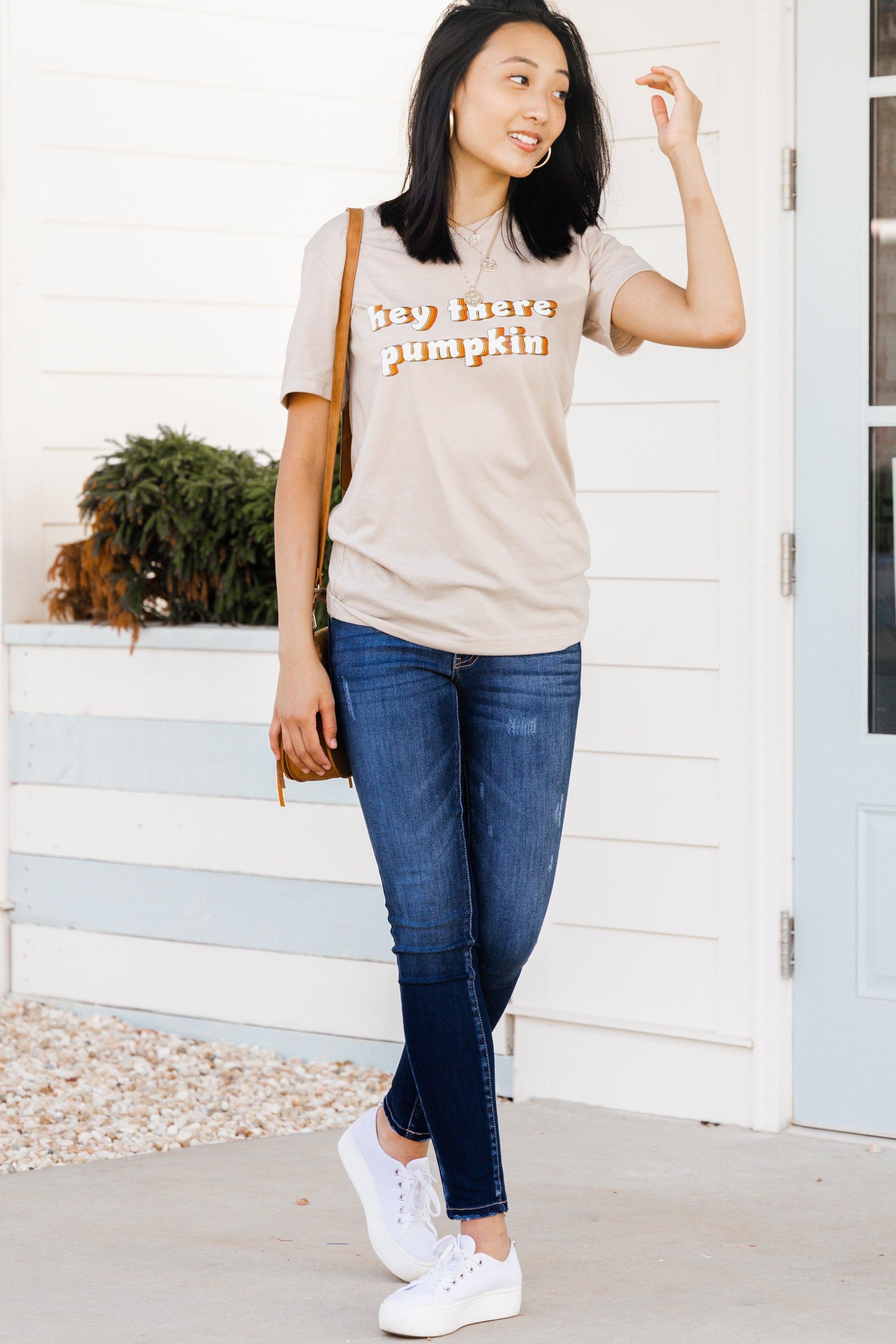 Hey There Pumpkin Heather Tan Brown Graphic Tee Female product image