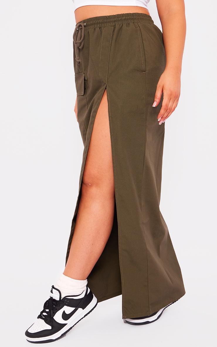 Khaki Ripstop Split Thigh Drawstring Waist Maxi Skirt Product Image