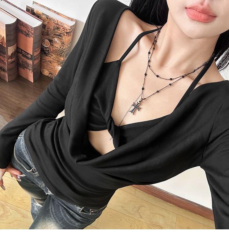 Cold Shoulder Long Sleeve Plain Ruched T-Shirt Product Image