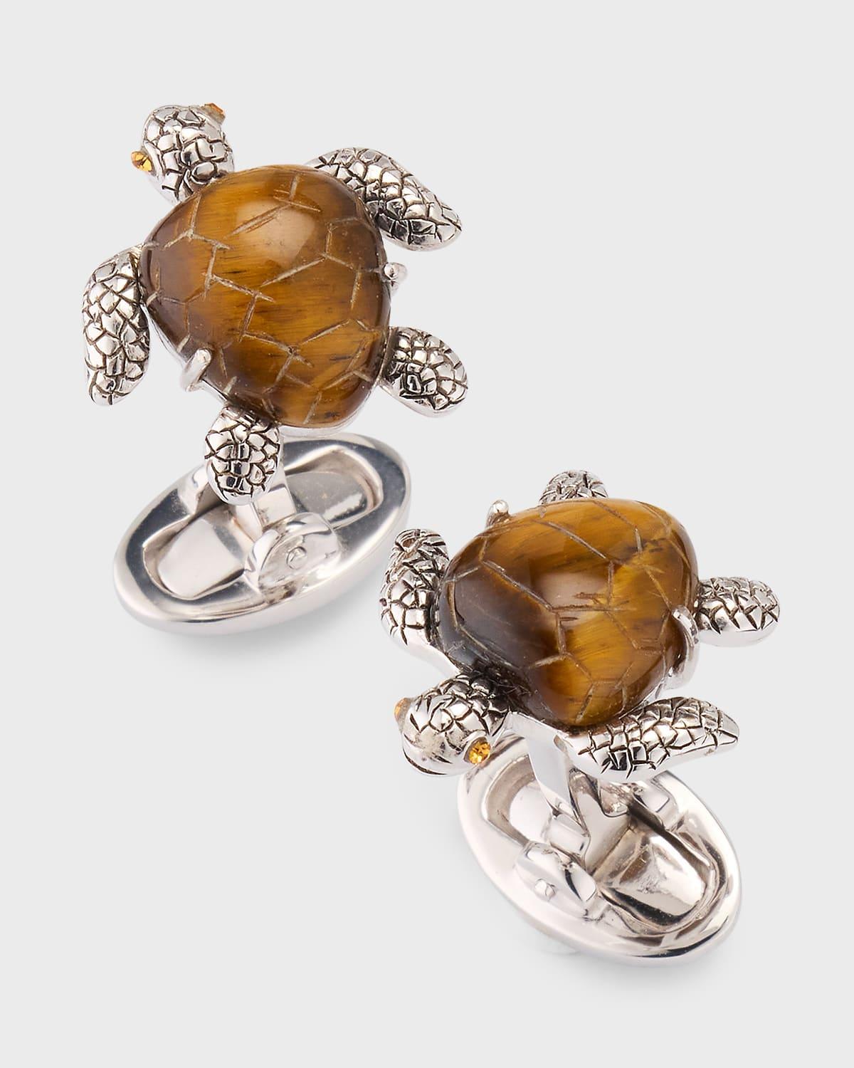 Mens Sterling Silver Hand-Carved Tigers Eye Sea Turtle Cufflinks Product Image