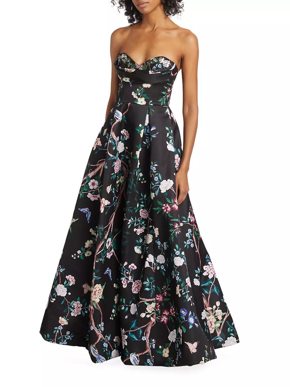 Strapless Floral Satin Gown Product Image