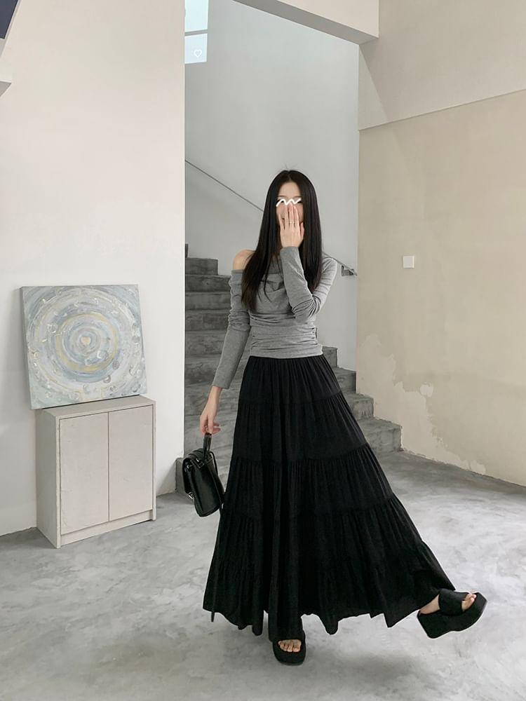 Elastic Waist Plain Tiered Maxi A-Line Skirt Product Image