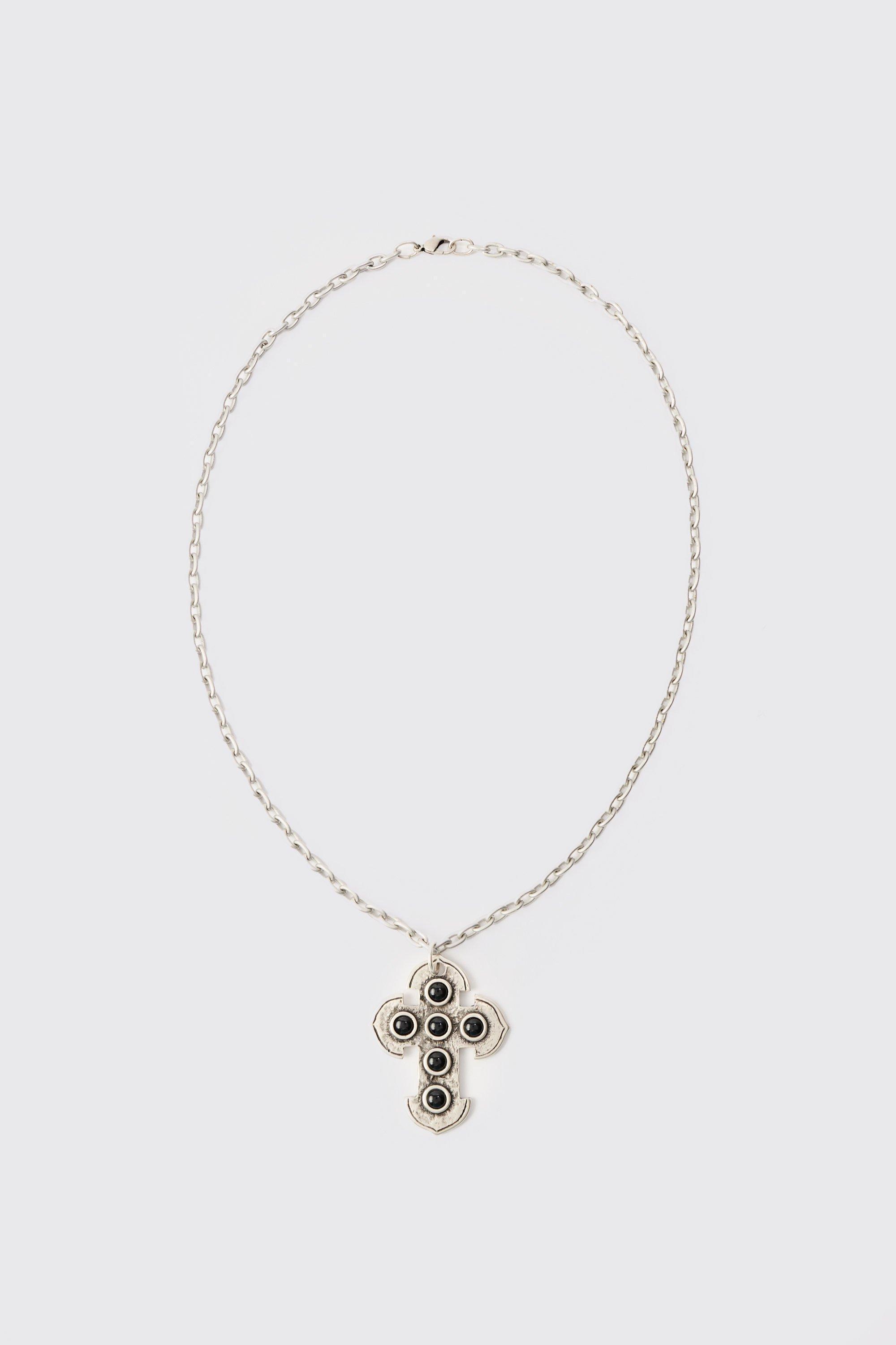 Mens Grey Cross Gem Pendant Necklace In Silver, Grey Product Image