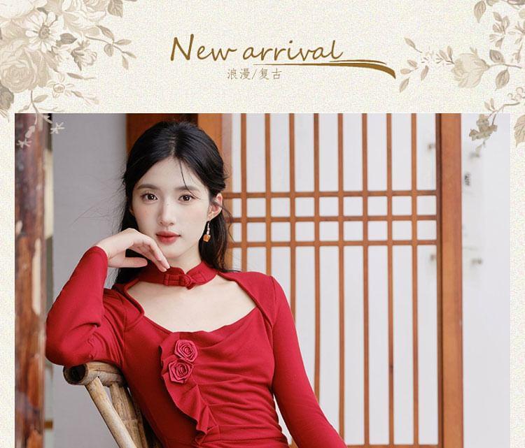 Long-Sleeve Stand Collar Plain Asymmetrical Cutout Ruched Maxi A-Line Dress Product Image