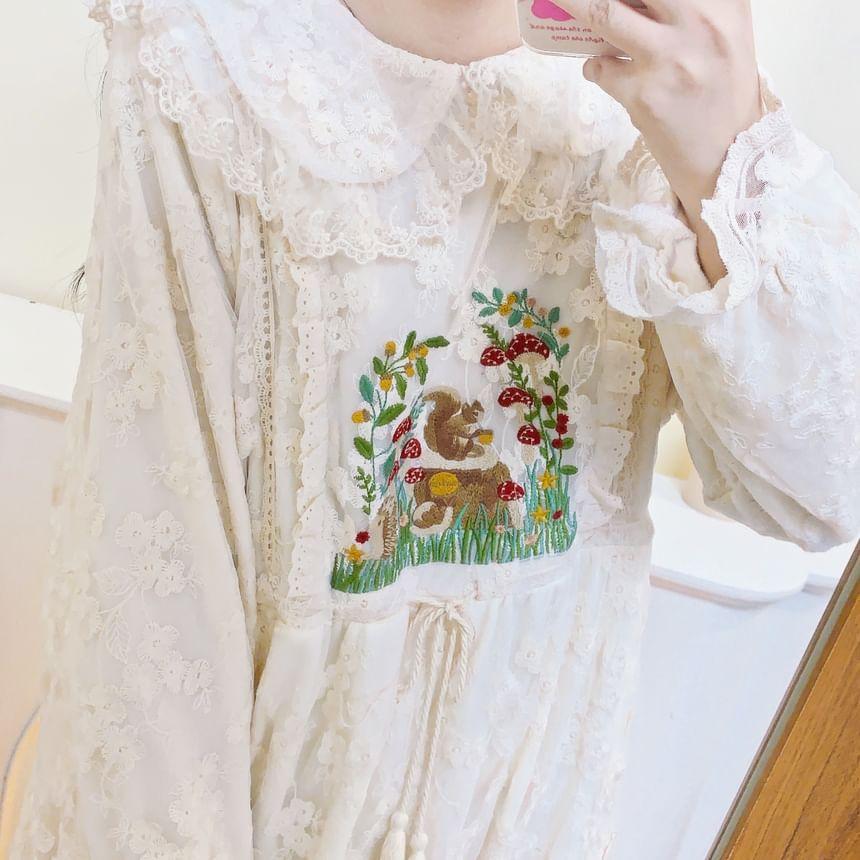 Long-Sleeve Collar Embroidered Lace Midi A-Line Dress Product Image