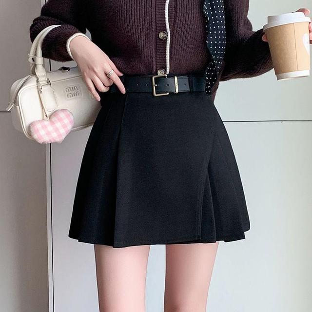 High Waist Plain Pleated Panel Mini A-Line Skirt Product Image