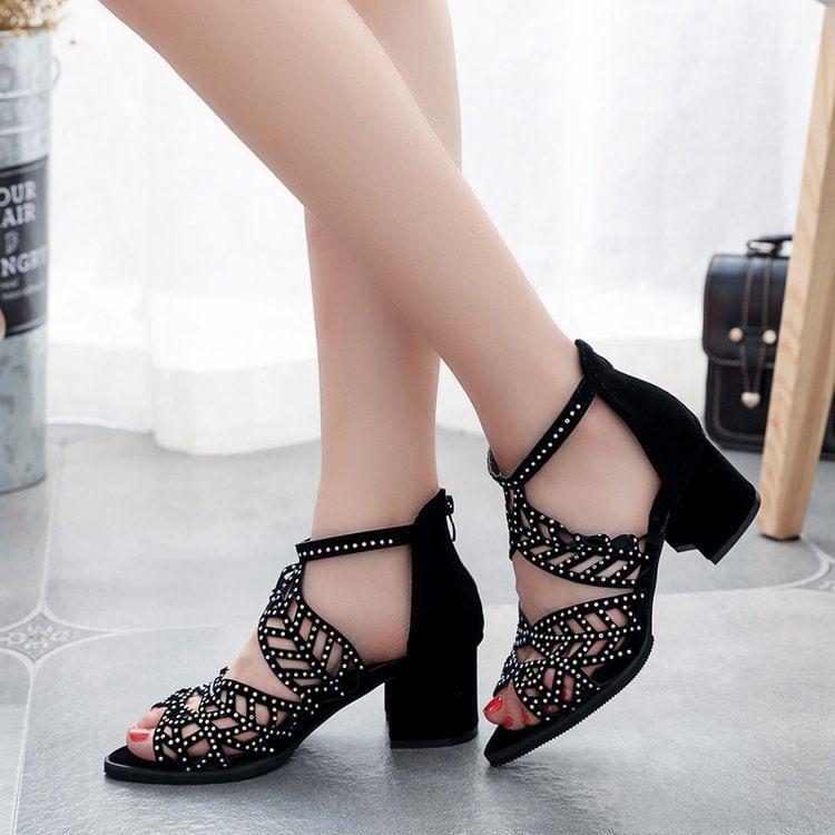 Block Heel Rhinestone Sandals Product Image