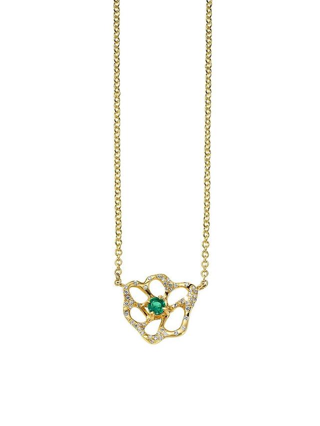 Womens Stardust 18K Yellow Gold, Emerald & 0.15 TCW Diamond Small Flower Pendant Necklace Product Image