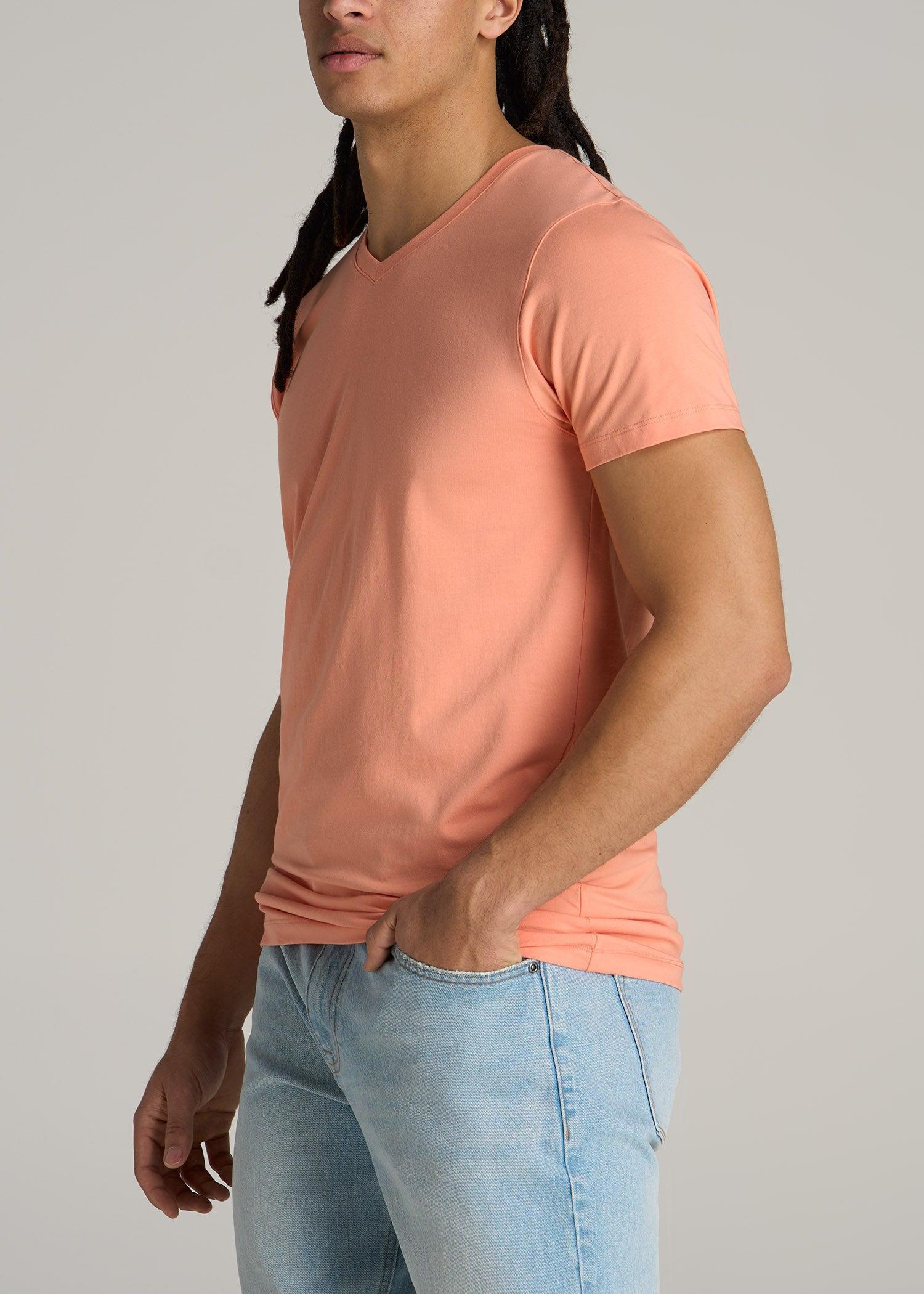 Stretch Cotton MODERN-FIT V-Neck T-Shirt for Tall Men in Apricot Crush Male Product Image