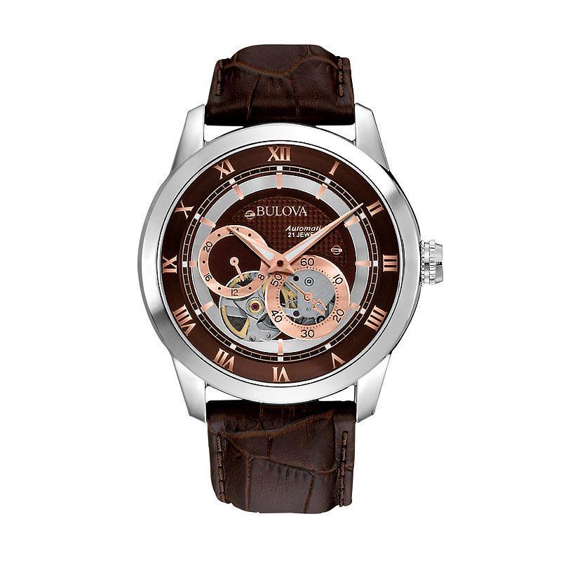 Bulova Stainless Steel Automatic Skeleton Leather Watch - 96A120 - Men, Mens, Brown Product Image