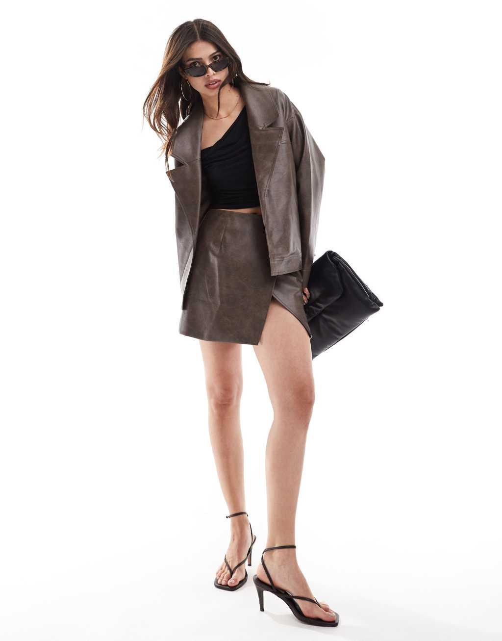 SNDYS leather look wrap buckle side mini skirt in washed brown - part of a set product image