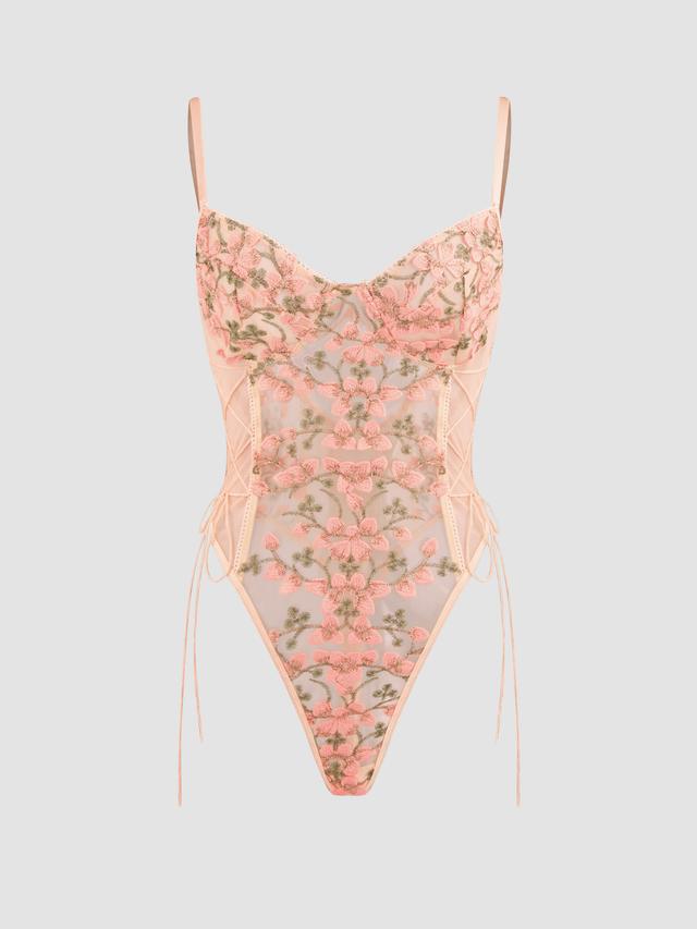 Mesh V-neck Floral Lace Up See-through Bodysuit Product Image