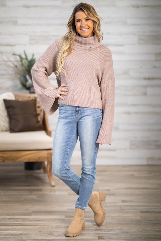 Mocha Ribbed Bell Sleeve Turtleneck Sweater Product Image