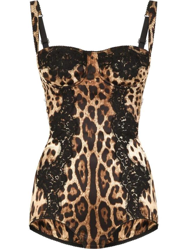 DOLCE & GABBANA Silk Balconette Lingerie Bodysuit With Leopard-print Lace Details In Multicolour Product Image