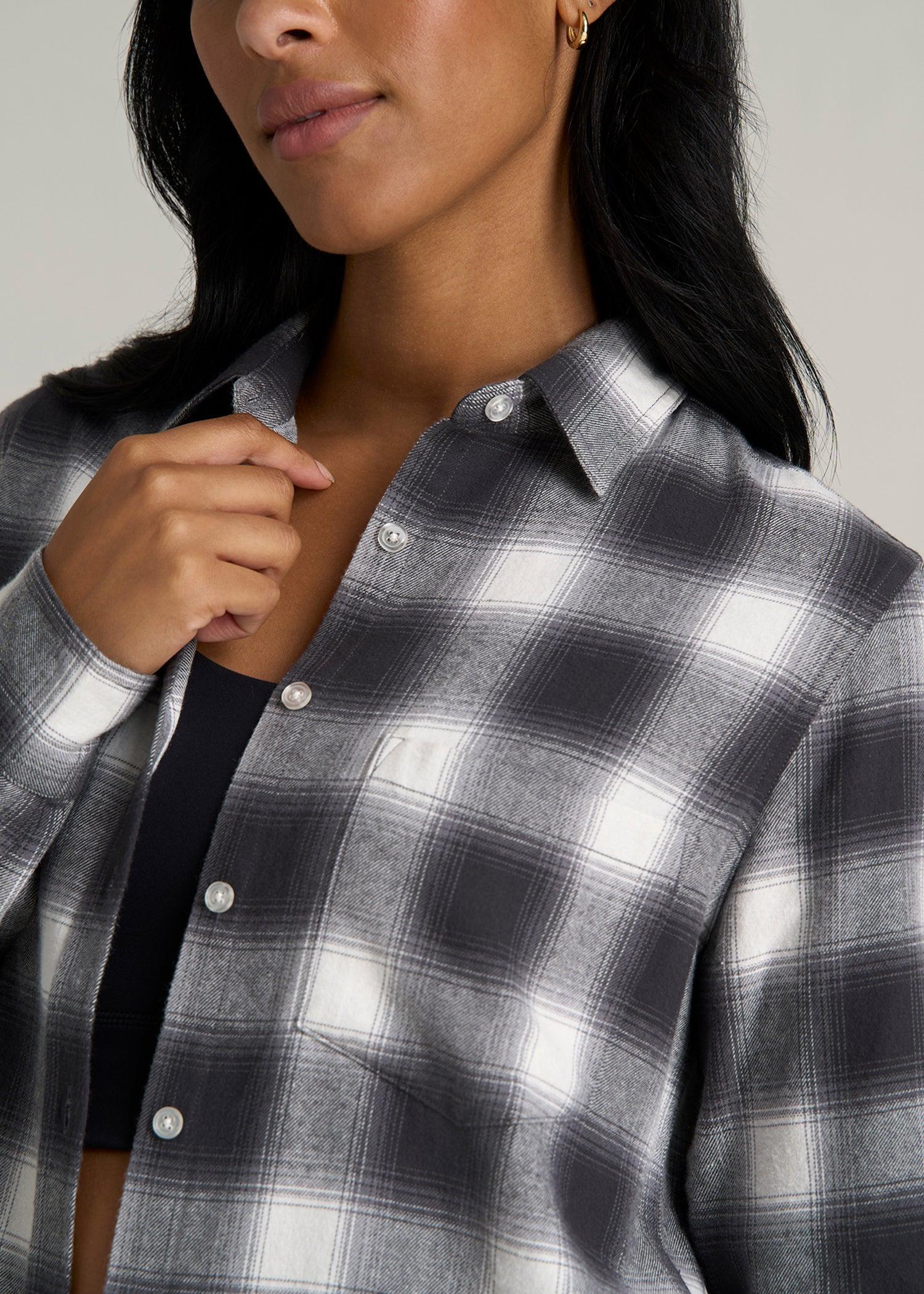 Flannel Button-Up Shirt for Tall Women in Grey and White Plaid Female Product Image