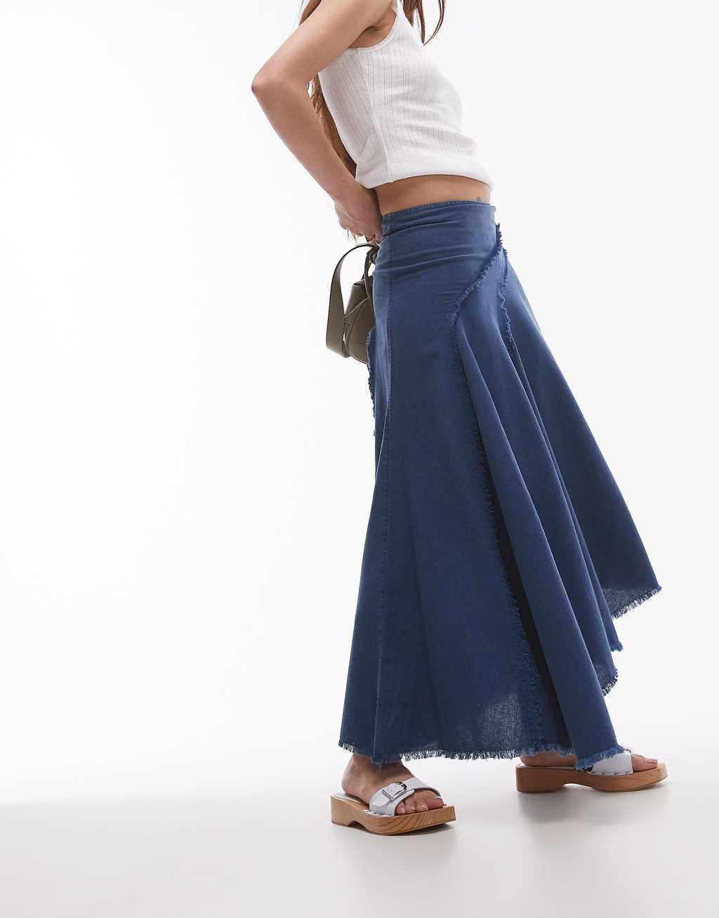 Topshop washed raw seam disjointed asymmetric skirt in blue Product Image