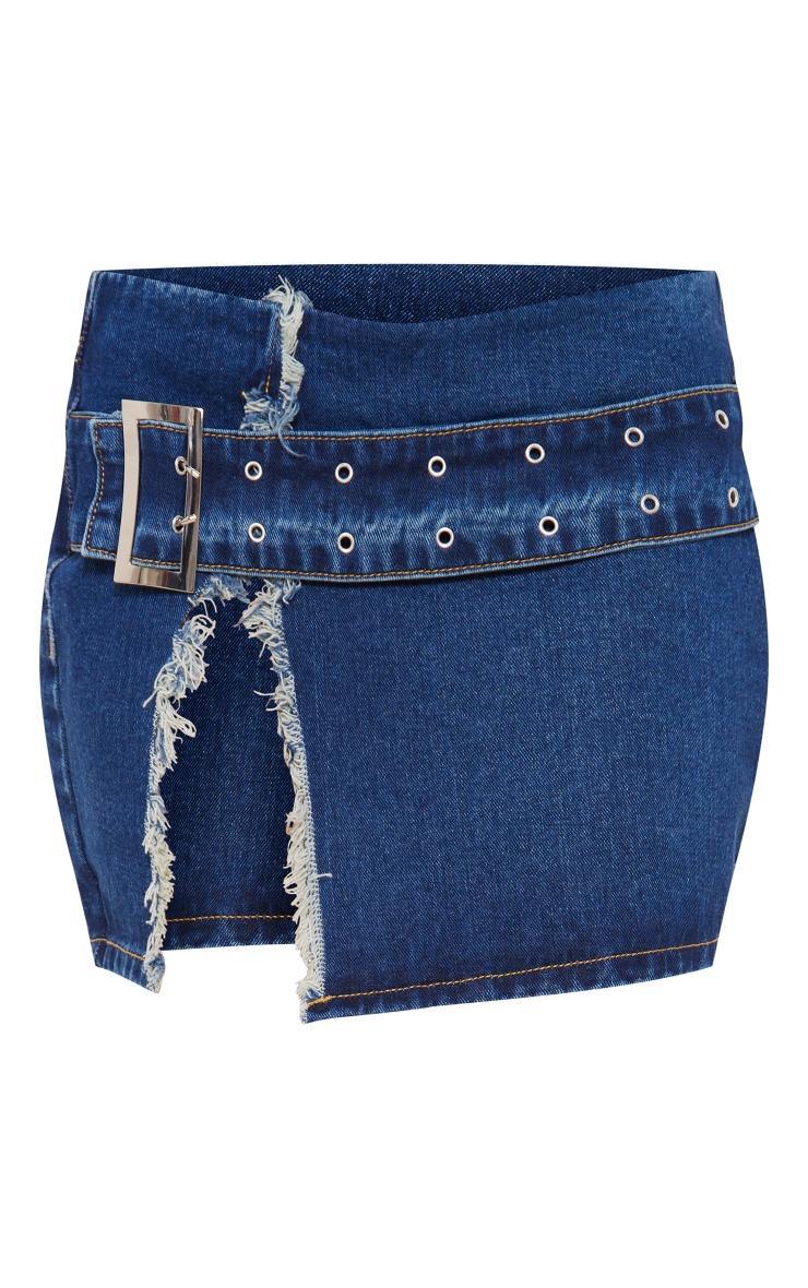 Indigo Vintage Wash Belt Detail Frayed Edge Mini Skirt Product Image