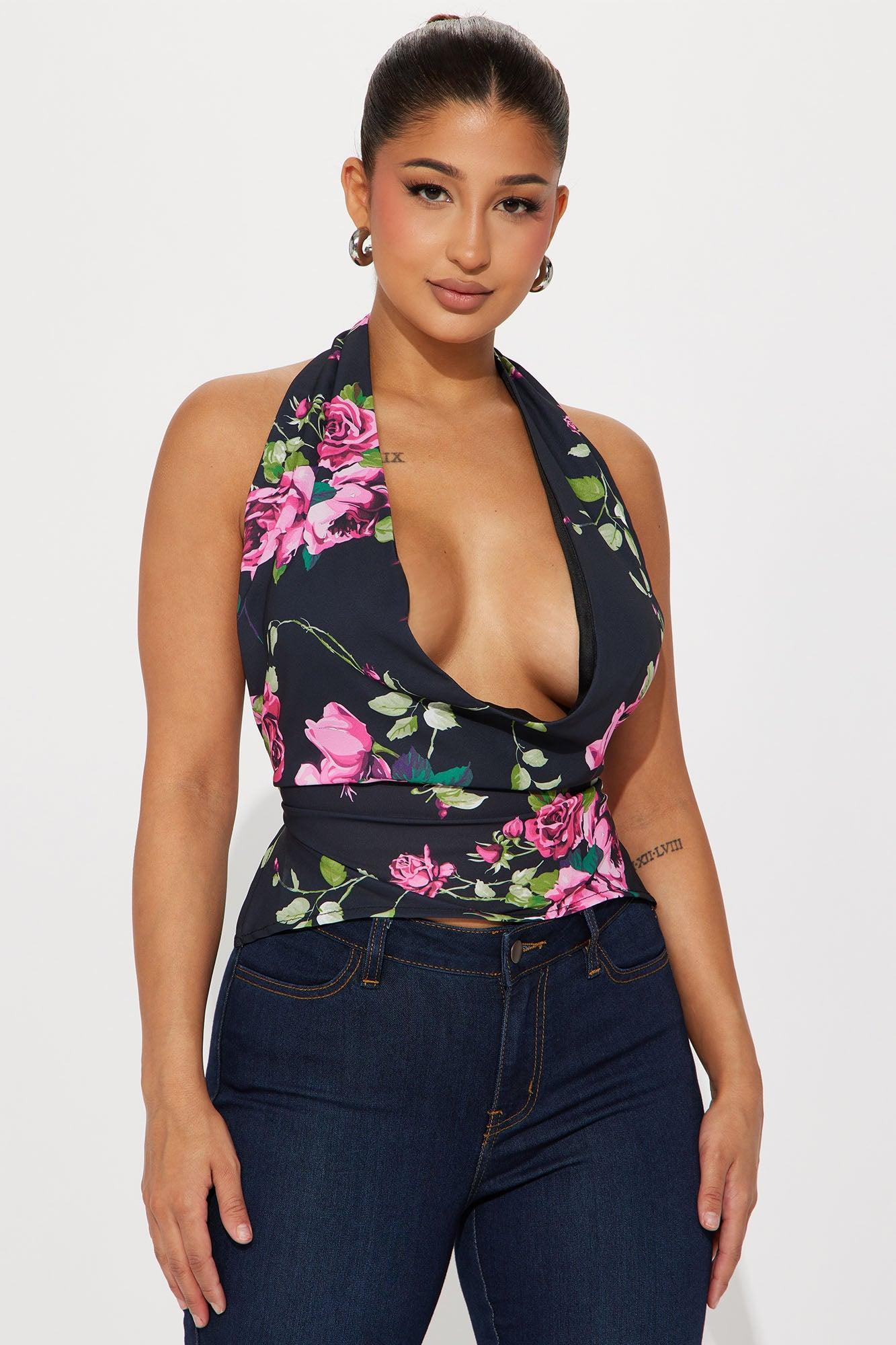 Moment Of Time Floral Halter Top - Black/combo Product Image